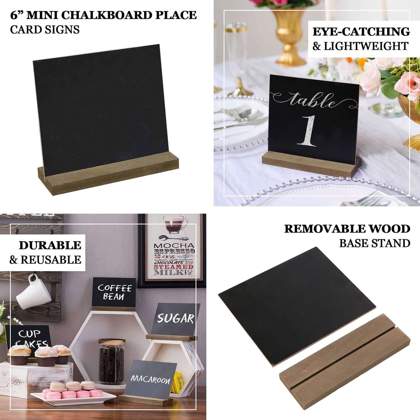 6-Pack Mini Table Chalkboard Signs Rustic Wood Base Stands - Perfect for Weddings and Parties 6"