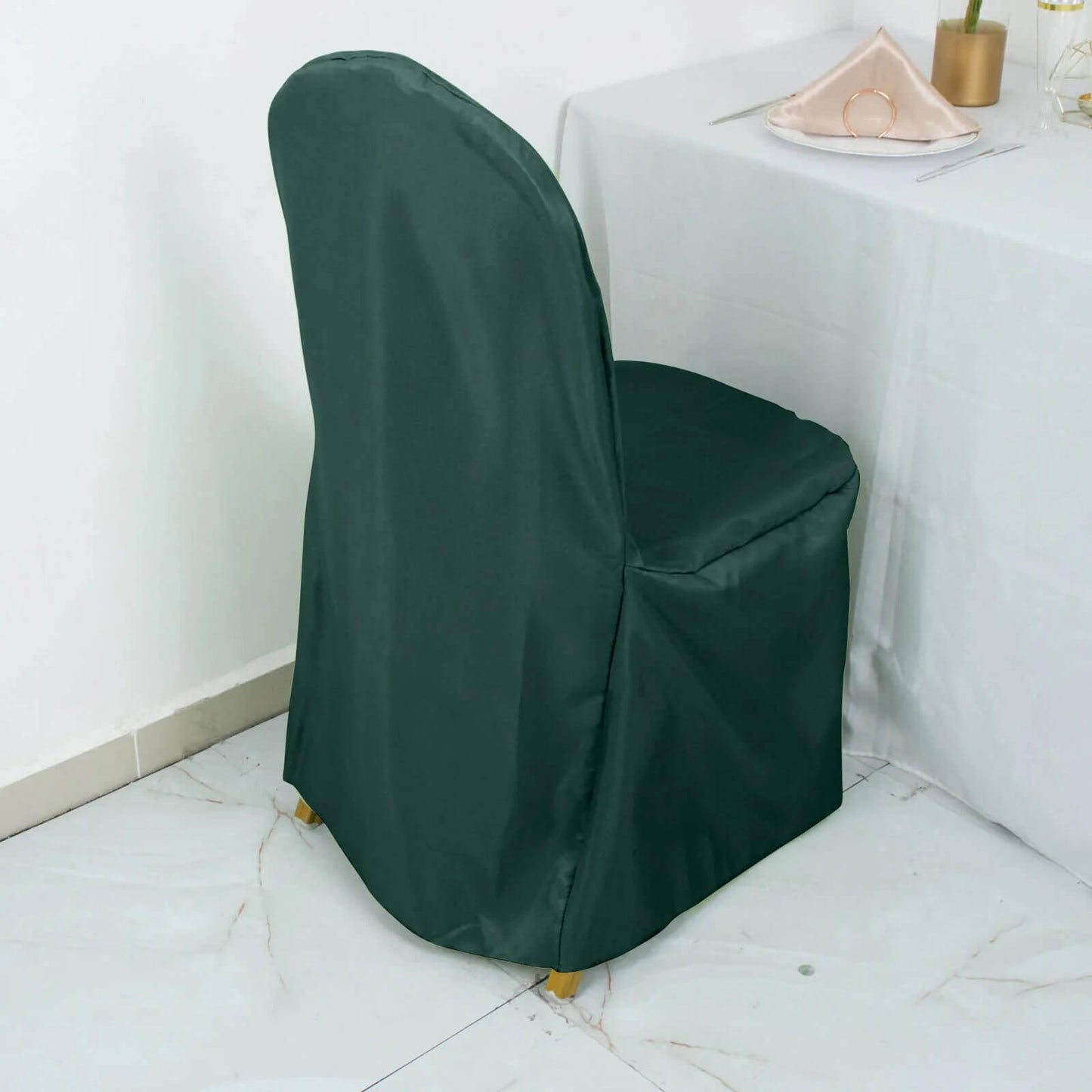 10 Pack Polyester Chair Cover for Banquet Chairs Hunter Emerald Green - Stain-Resistant Reusable Slip-On Slipcover
