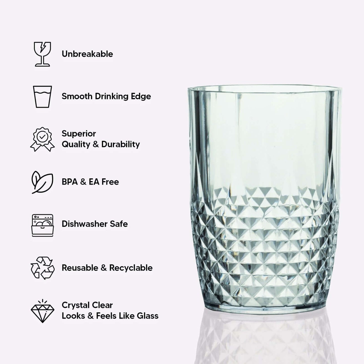 6-Pack Plastic Short Tumblers Transparent Blush Crystal Cut Style - Reusable All-Purpose Glasses 16oz