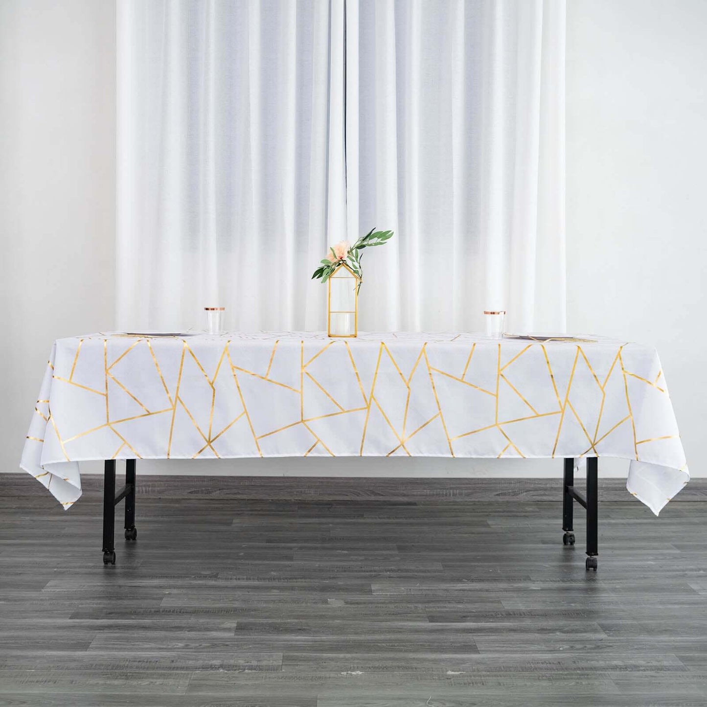 Polyester 60"x102" Rectangle Tablecloth White with Gold Foil Geometric Pattern - Wrinkle-Resistant and Durable Table Cover for Weddings & Events