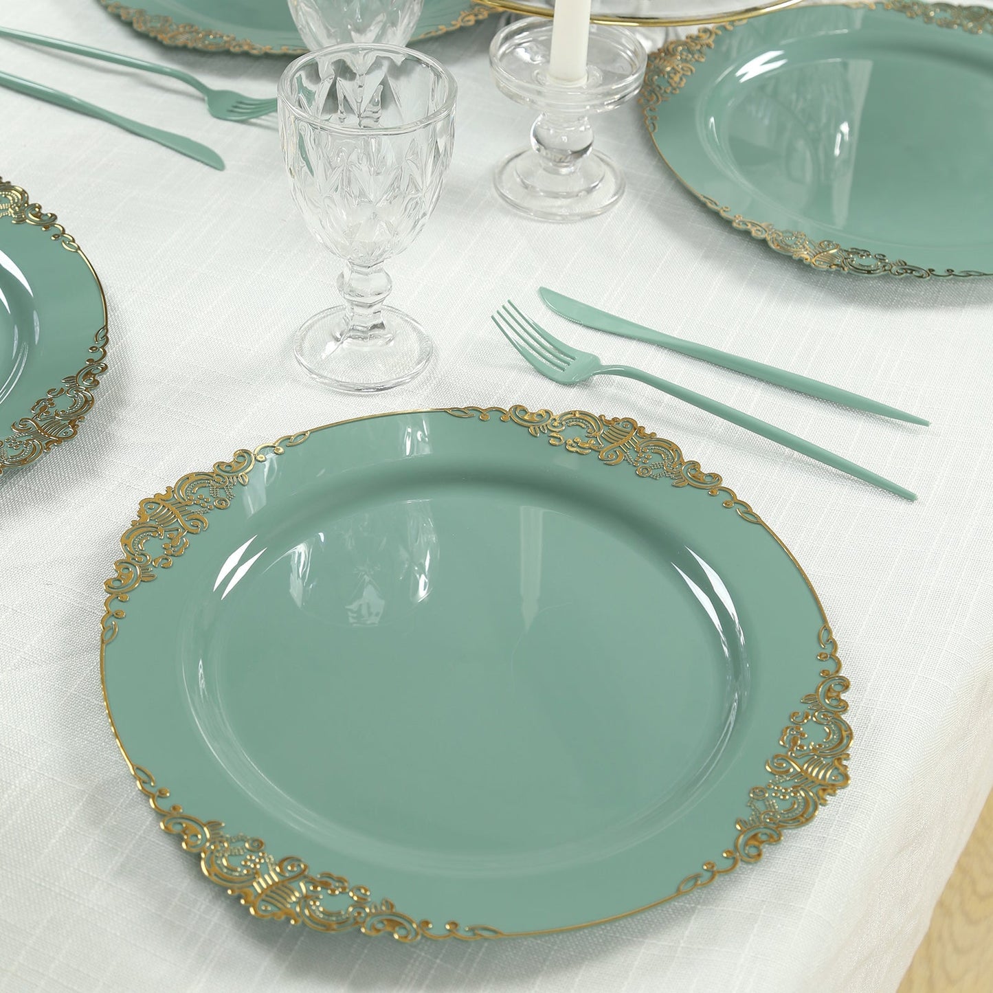 20-Pack Economy Plastic Round Charger Plates 13" in Dusty Sage Green with Gold Embossed Baroque Rim, Stylish Dinner Party Serving Plates