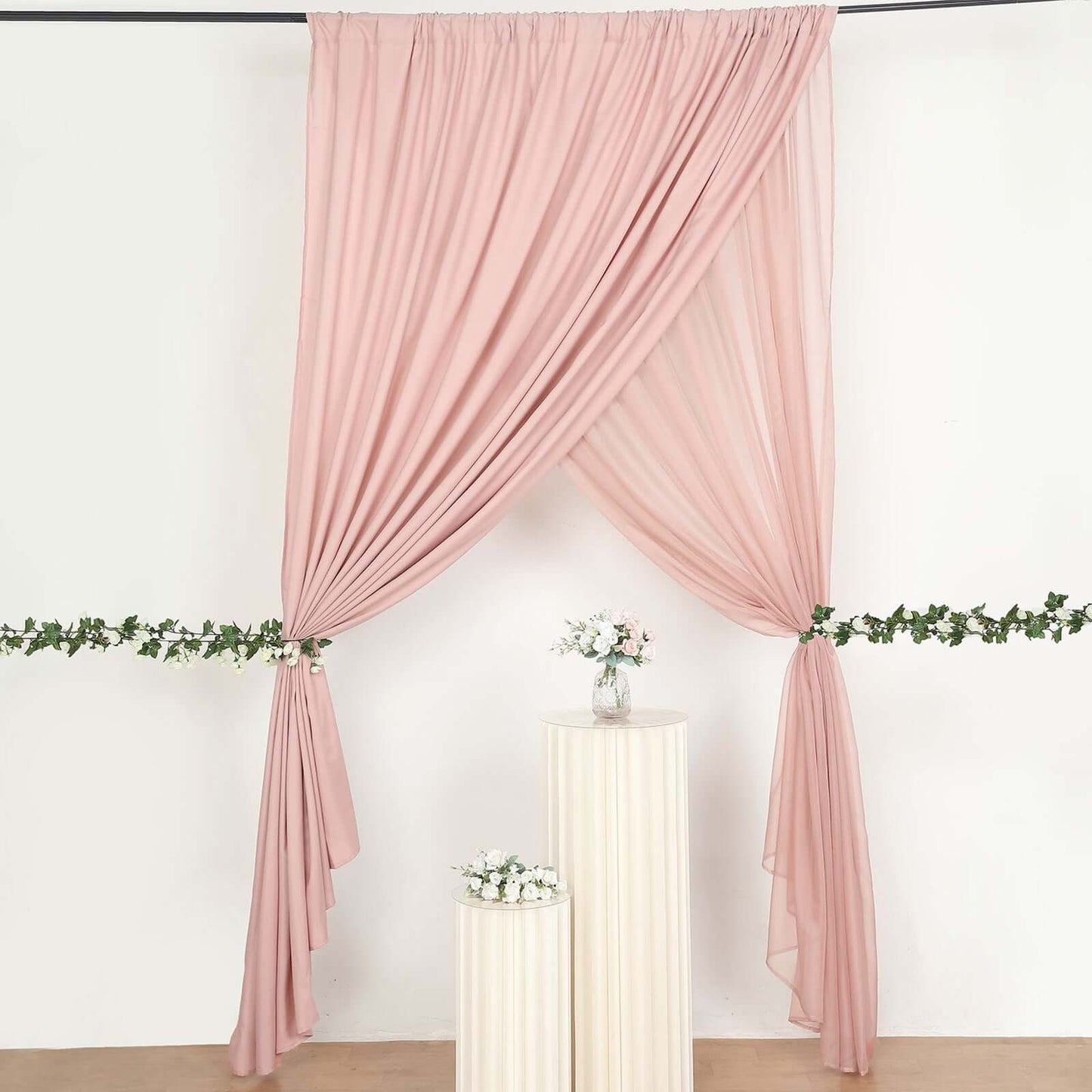 Dusty Rose Chiffon Polyester Event Curtain Drapes, Dual Layer Divider Backdrop Curtain Panels with Rod Pockets - 10ftx10ft