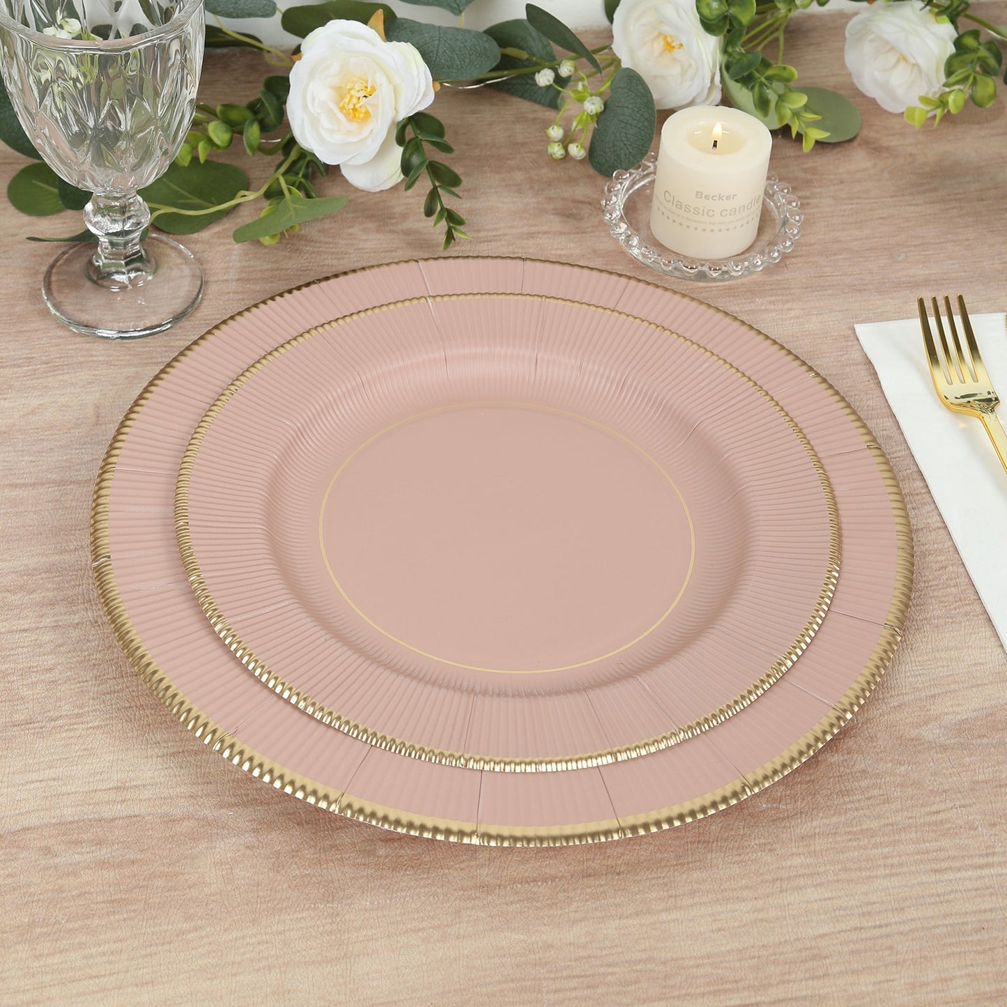 25-Pack Paper 10" Round Dinner Plates in Dusty Rose Sunray Design with Gold Rim - Disposable Heavy Duty 350GSM Party Plates