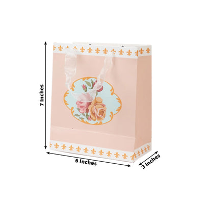 12-Pack Favor Bags Vintage Rose Floral Tea Party, Dusty Rose Paper Goodie Gift Bags with Ribbon Handles, 6"x7"x3"