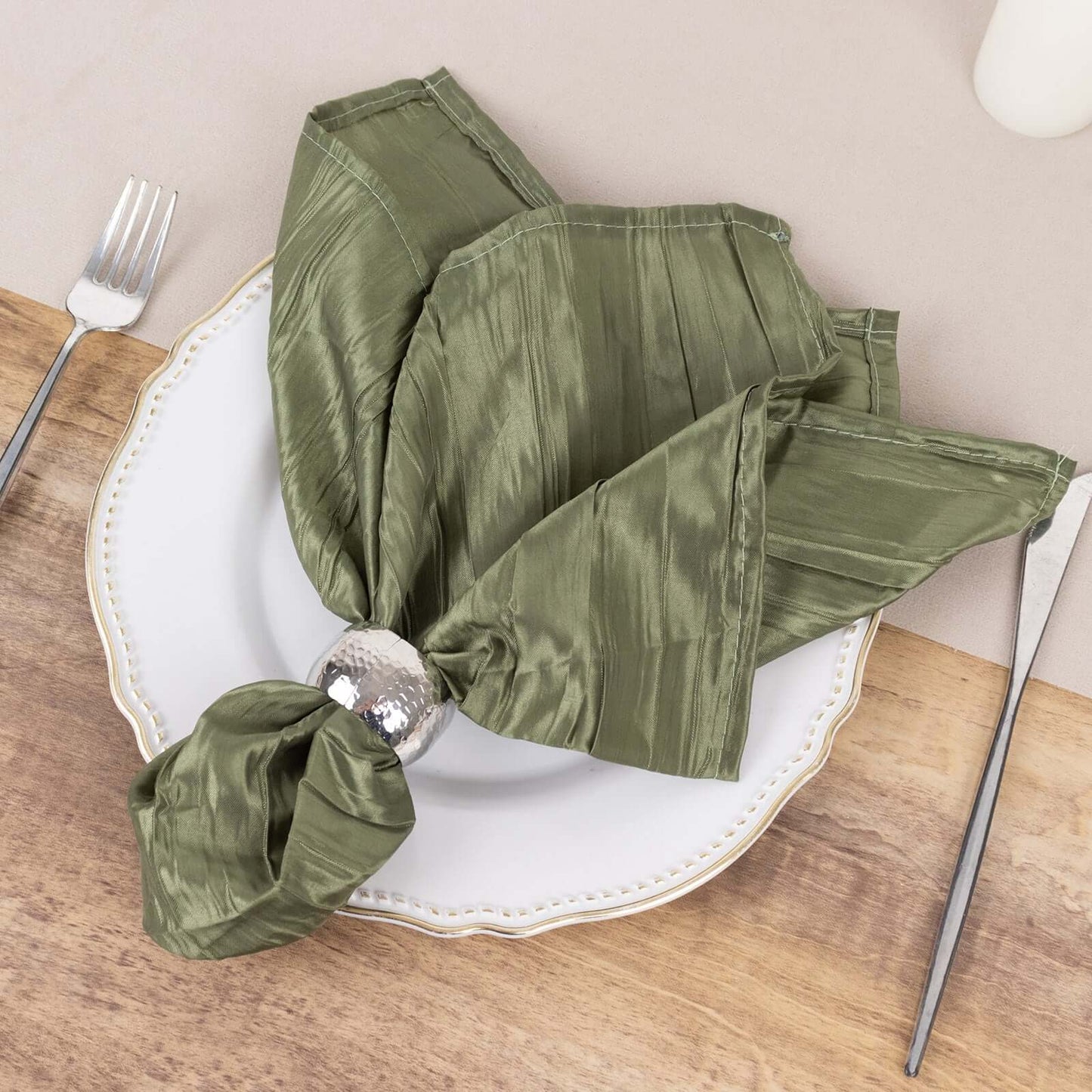 5 Pack Taffeta 20"x20" Napkins Dusty Sage Green - Accordion Crinkle Dinner Napkins