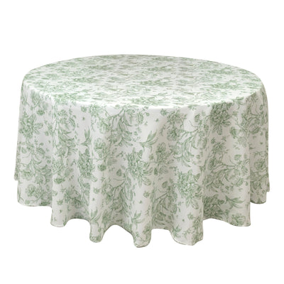 Polyester 120" Round Tablecloth White - Dusty Sage Green French Toile Pattern for Chic Weddings