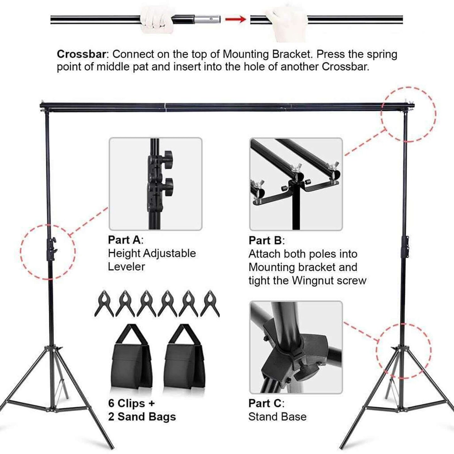 8ftX10ft Metal Triple Crossbar Adjustable Photography Backdrop Stand