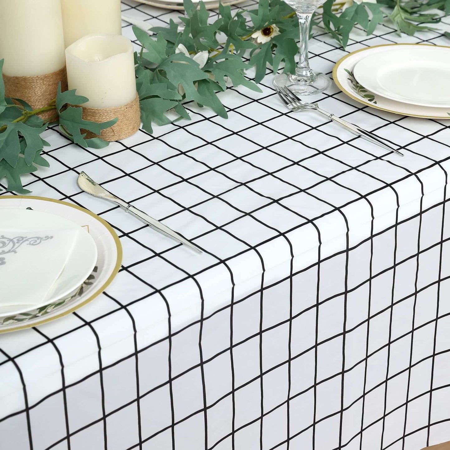 5-Pack Plastic Table Covers Black/White Grid Rectangle - Durable Checkered PVC Disposable Tablecloths 54"x108"