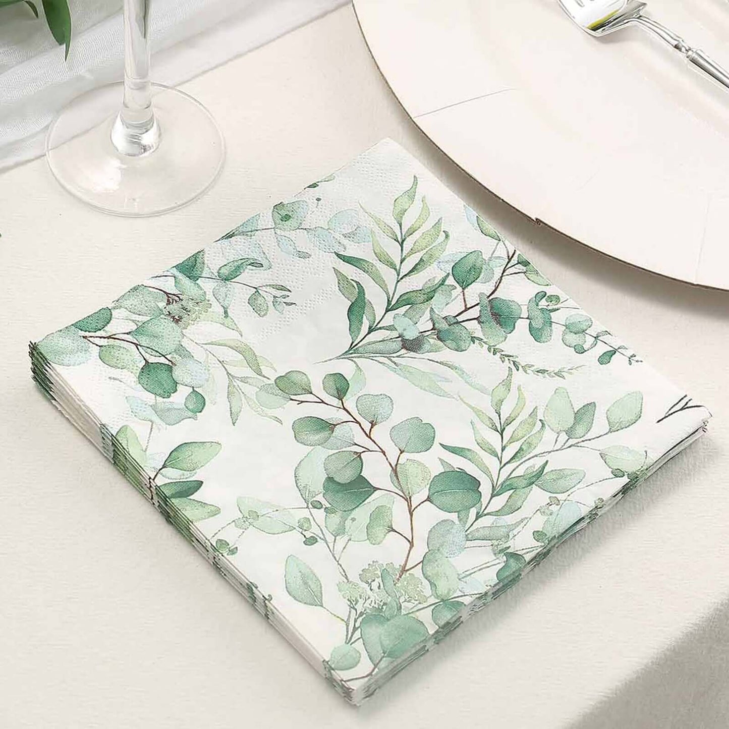 20-Pack Paper Beverage Napkins with Green Foliage Eucalyptus Leaves Design - 2 Ply Soft 18GSM Boho Wedding Napkins 6.5"x6.5"