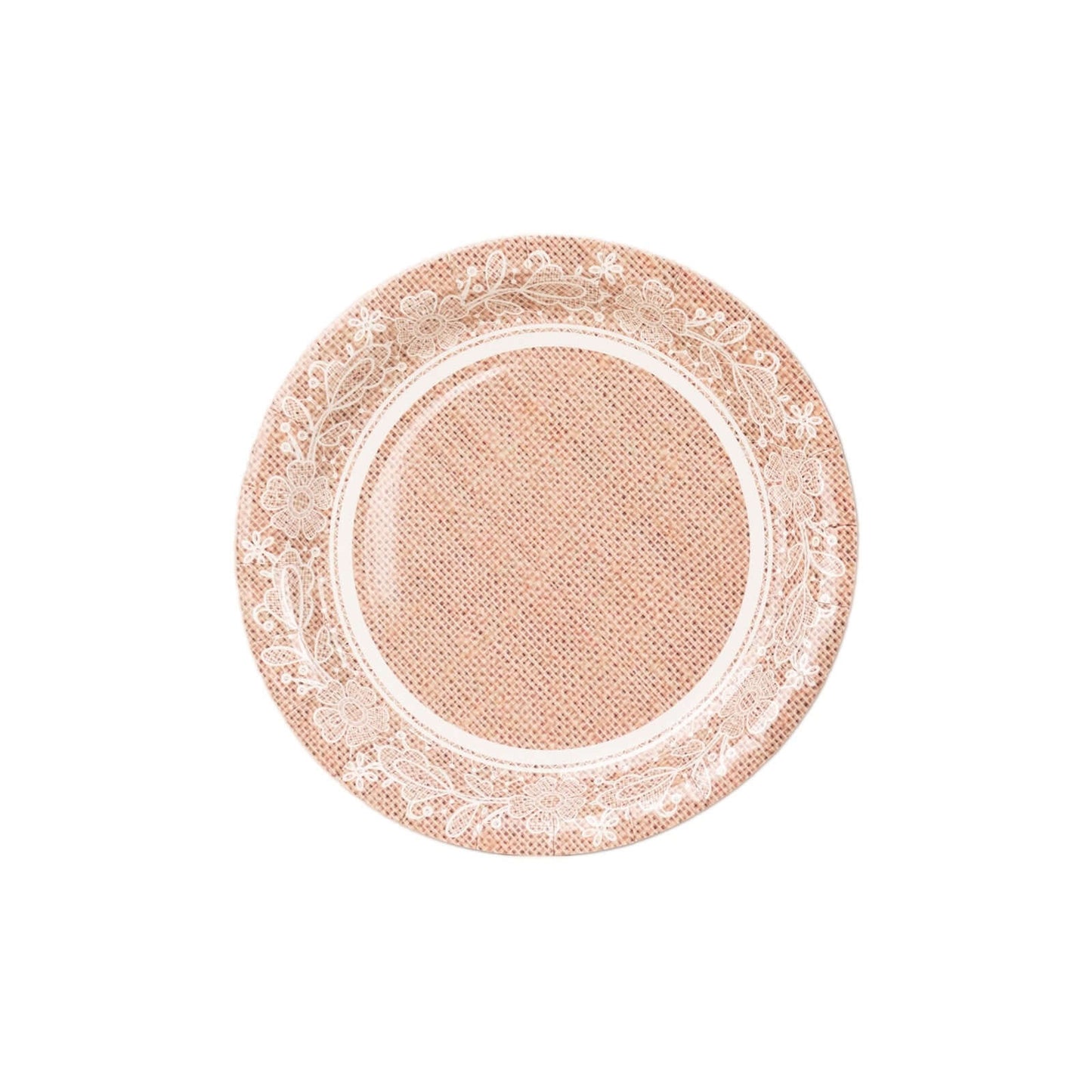25-Pack Paper 9" Round Dinner Plates in Natural Burlap Print with White Floral Lace Rim - Rustic Farmhouse Inspired Disposable Party Plates