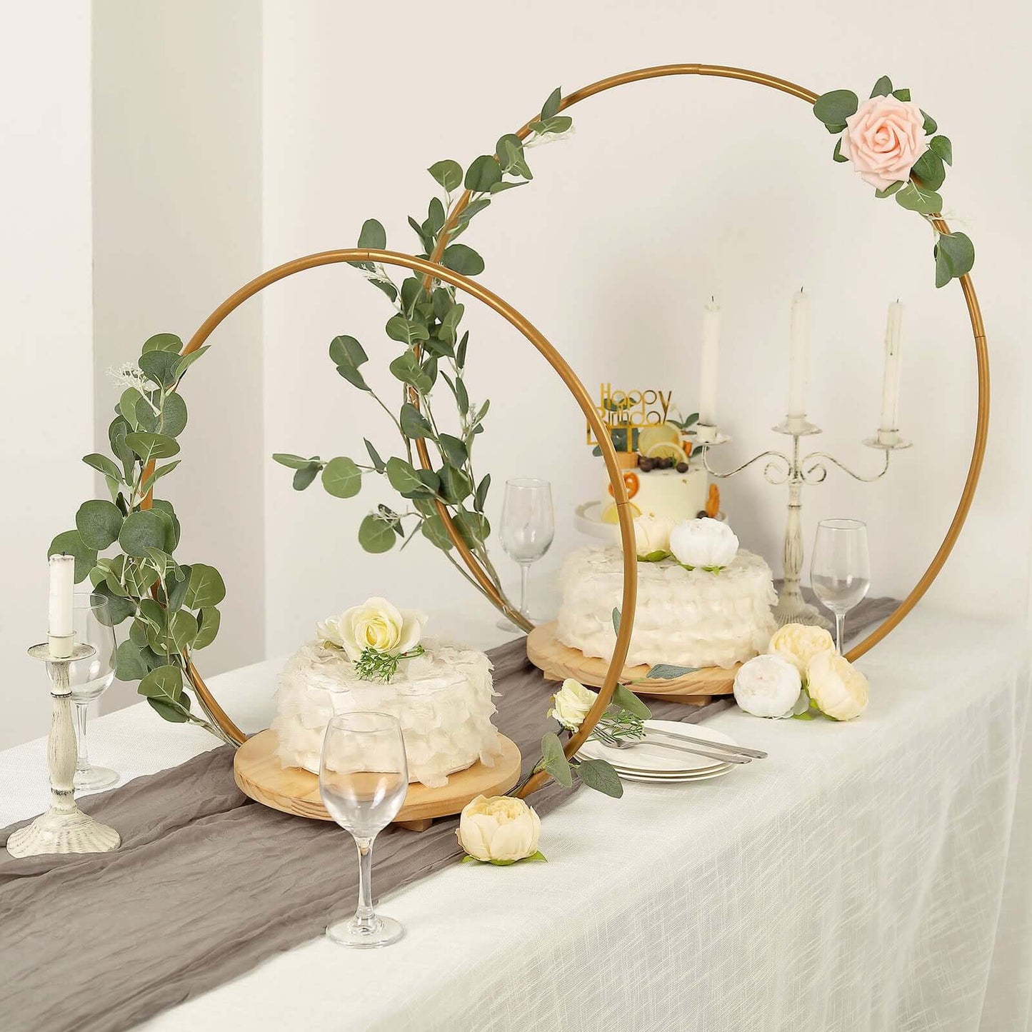 Metal Round Floral Hoop Cake Stand Gold - Chic Geometric Dessert Display DIY Centerpiece Table Decoration With Wooden Base 33"