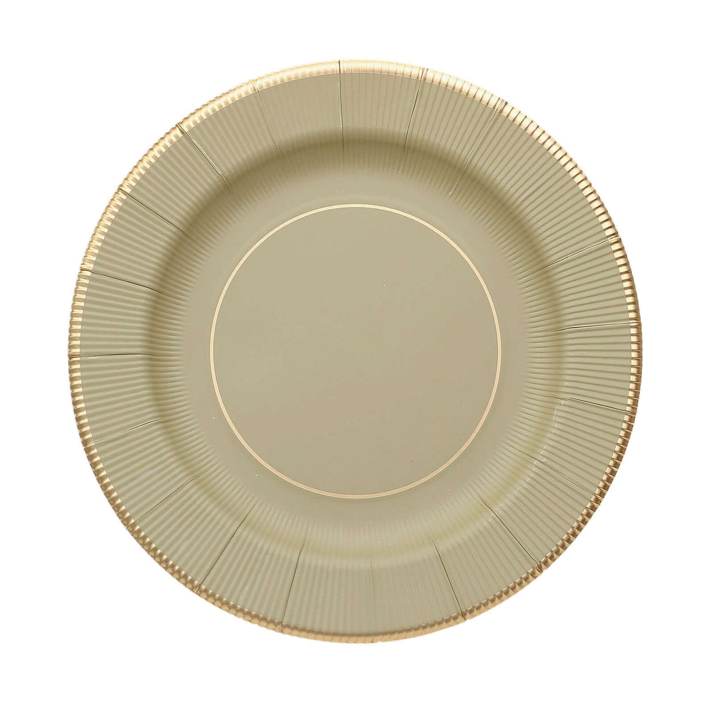 25-Pack Paper 8" Round Dessert Plates in Khaki Sunray Design with Gold Rim - Disposable Heavy Duty 350GSM Appetizer Salad Plates