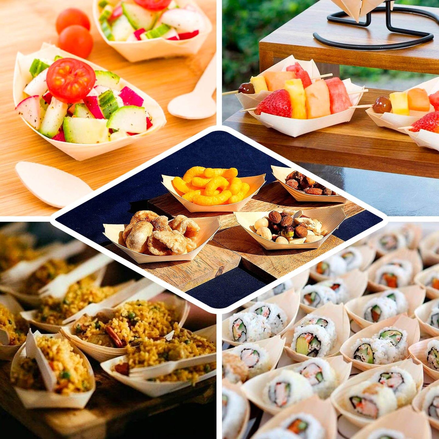 50-Pack Pine Wood Boat Shaped Food Trays Natural Compostable Design - 100% Biodegradable Sushi Snack Plates 6"