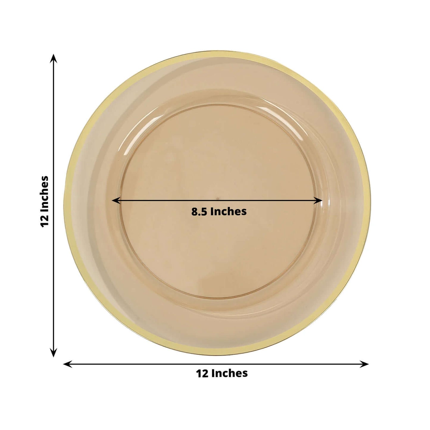 10-Pack Economy Plastic Round Charger Plates 12" in Transparent Amber Gold with Wide Gold Rim, Decorative Dinner Party Serving Plates