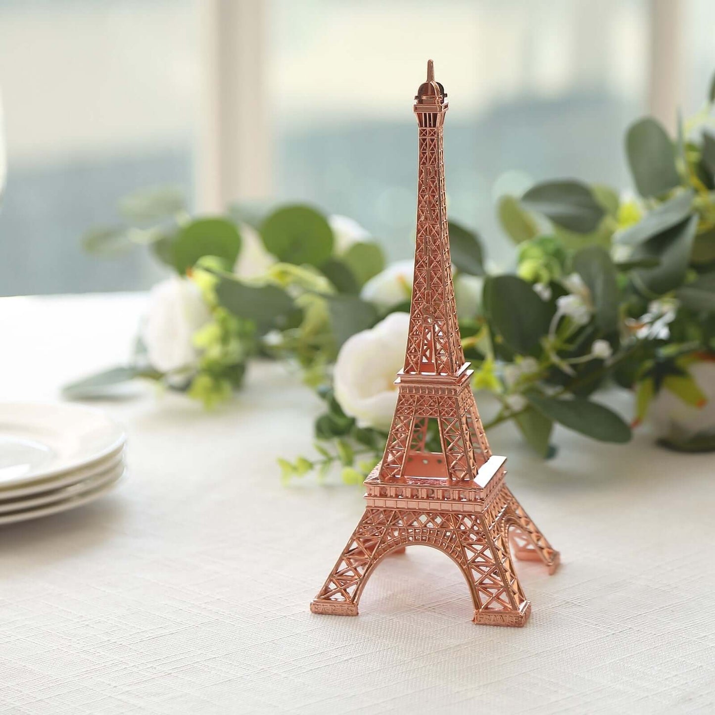 Eiffel Tower Table Centerpiece Metal Rose Gold - Stylish Decorative Cake Topper for Parties & Gatherings 10" - Linen Luxes