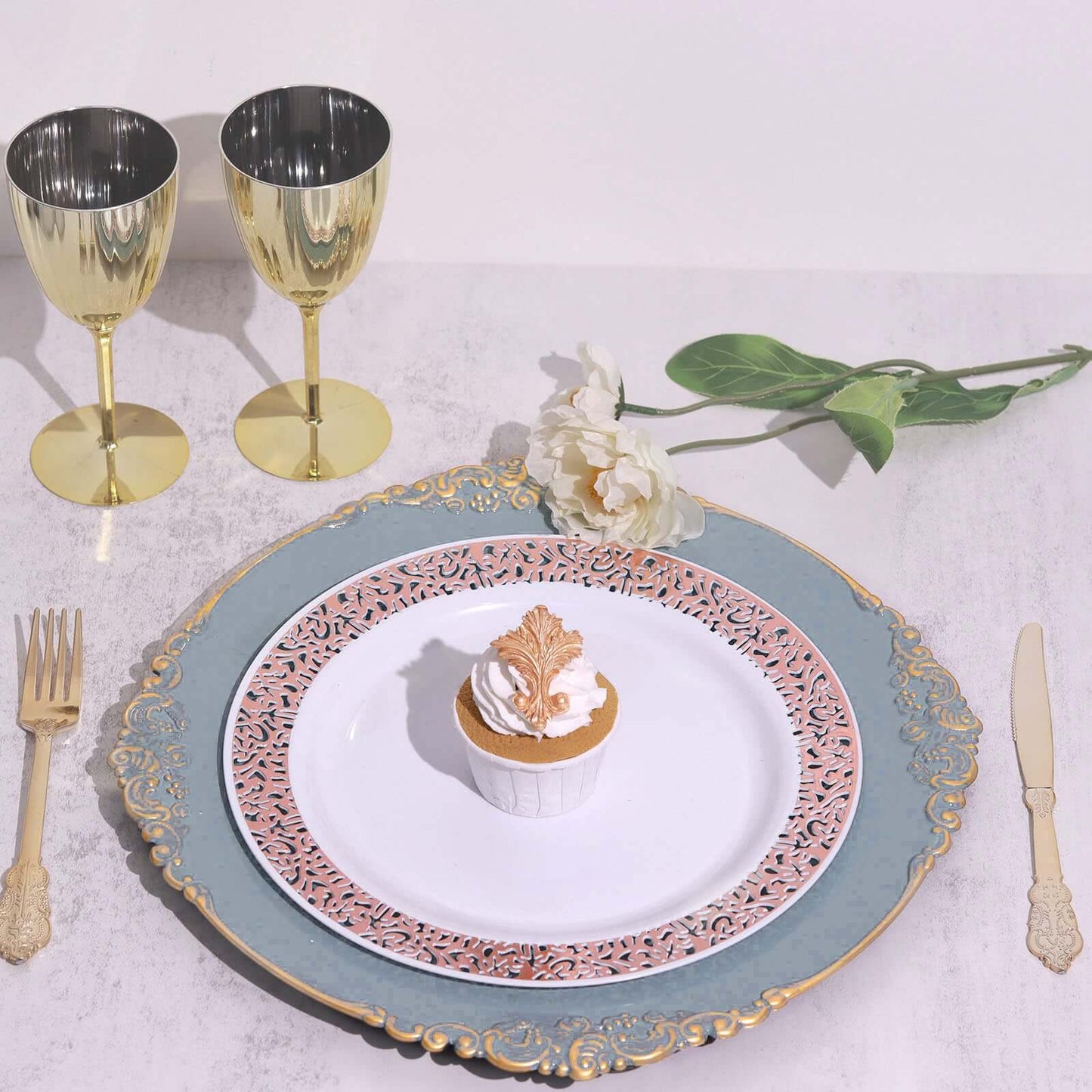 6-Pack Acrylic Round Charger Plates 13" in Dusty Blue with Gold Embossed Baroque Rim, Antique Decorative Dinner Party Charger Tableware