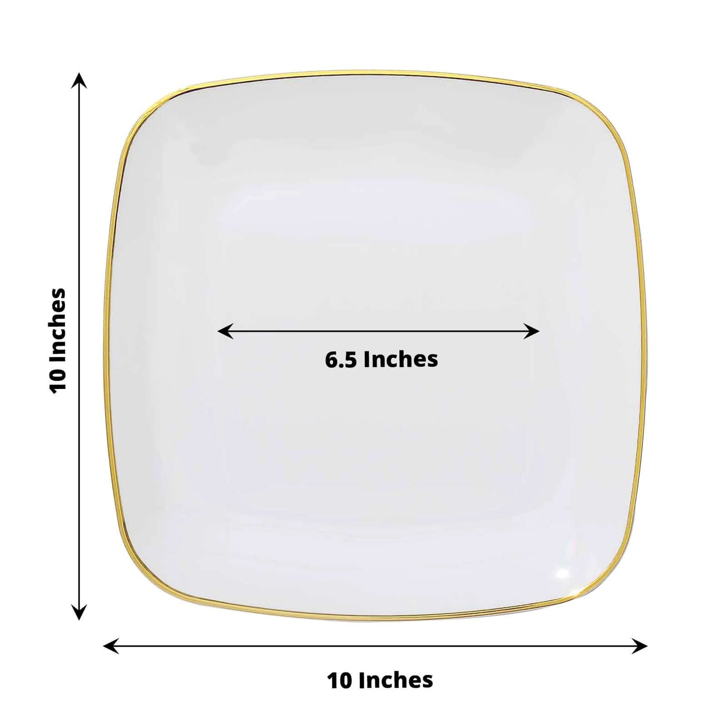 10-Pack Plastic 10" Square Dinner Plates in White with Gold Rim - Classy Disposable Lunch Party Plates for Weddings & Special Events