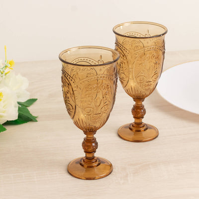 24-Pack Plastic Wine Glasses 10oz â€“ Amber Gold Vintage Goblets with Retro Embossed Design, Elegant Drinkware - 7" Tall