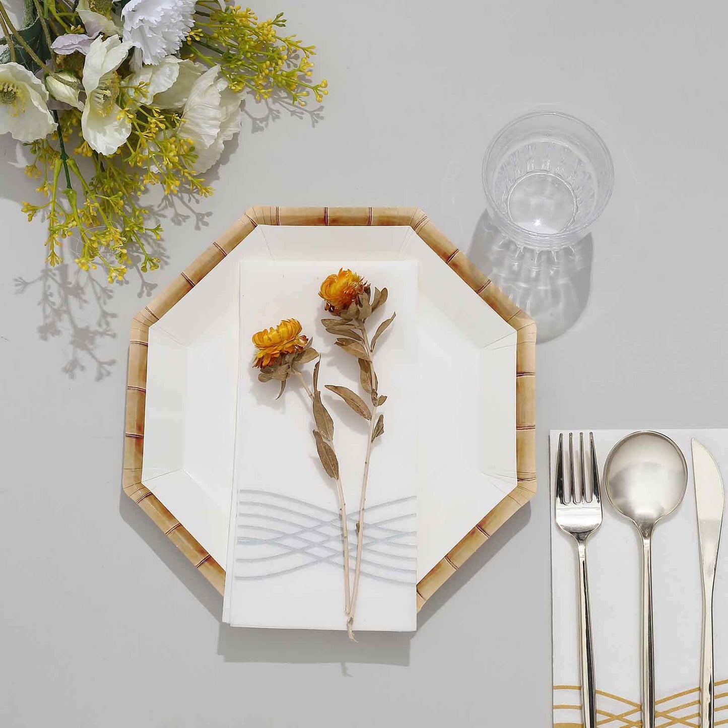 25-Pack Paper 9" Octagonal Dinner Plates in White with Bamboo Print Rim - Disposable Geometric Party Plates for Tropical & Beach Themed Celebrations