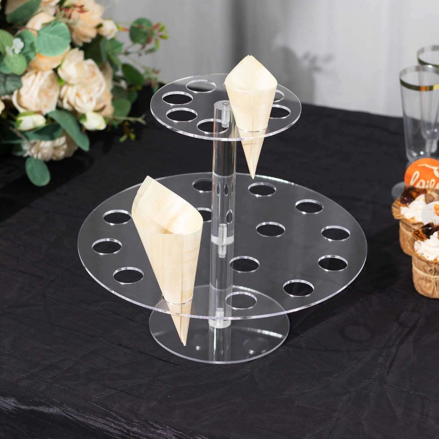 2 Tier Acrylic Round Ice Cream Cone Holder Clear - Sturdy Appetizer Dessert Display Stand with 24-Slots for Easy & Stylish Event Party Table Setup 12"