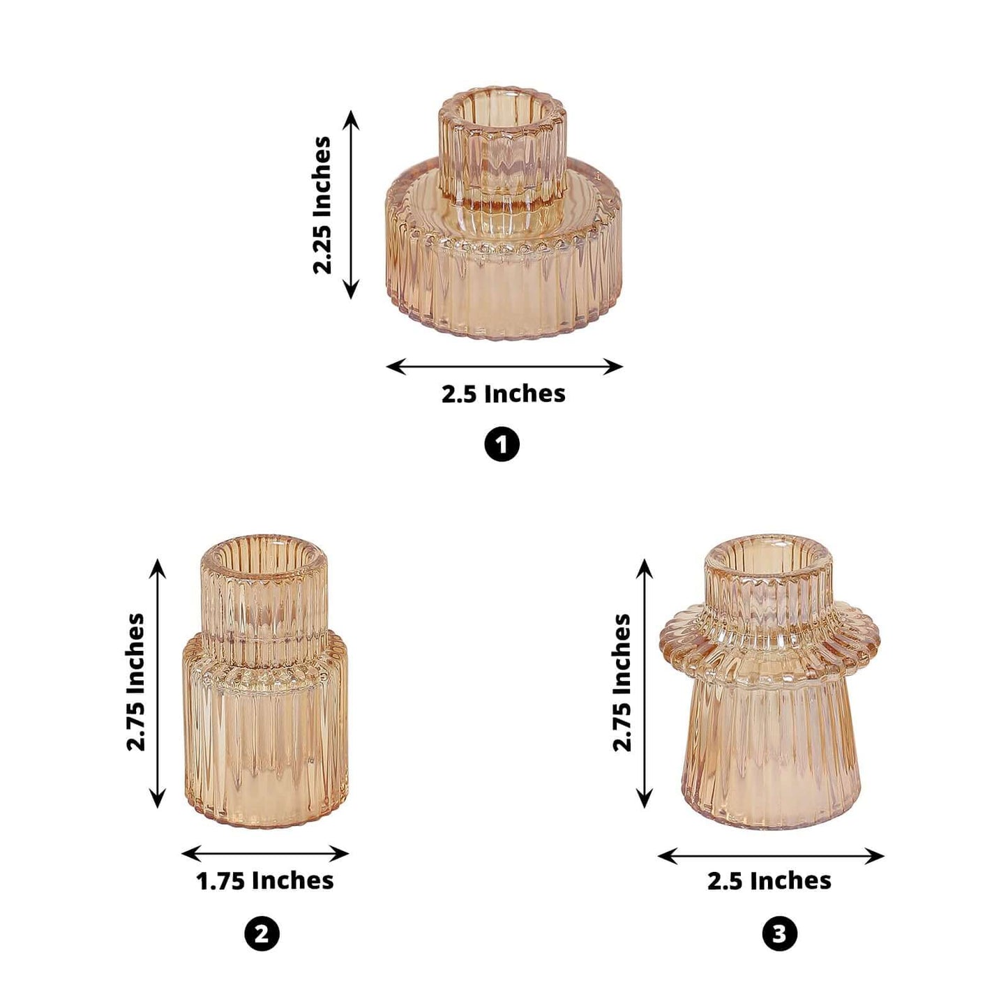 Set of 6 Glass Taper Candle Holders Ribbed Crystal Design Amber Gold - Reversible Mini Votive Tealight Stands 3"