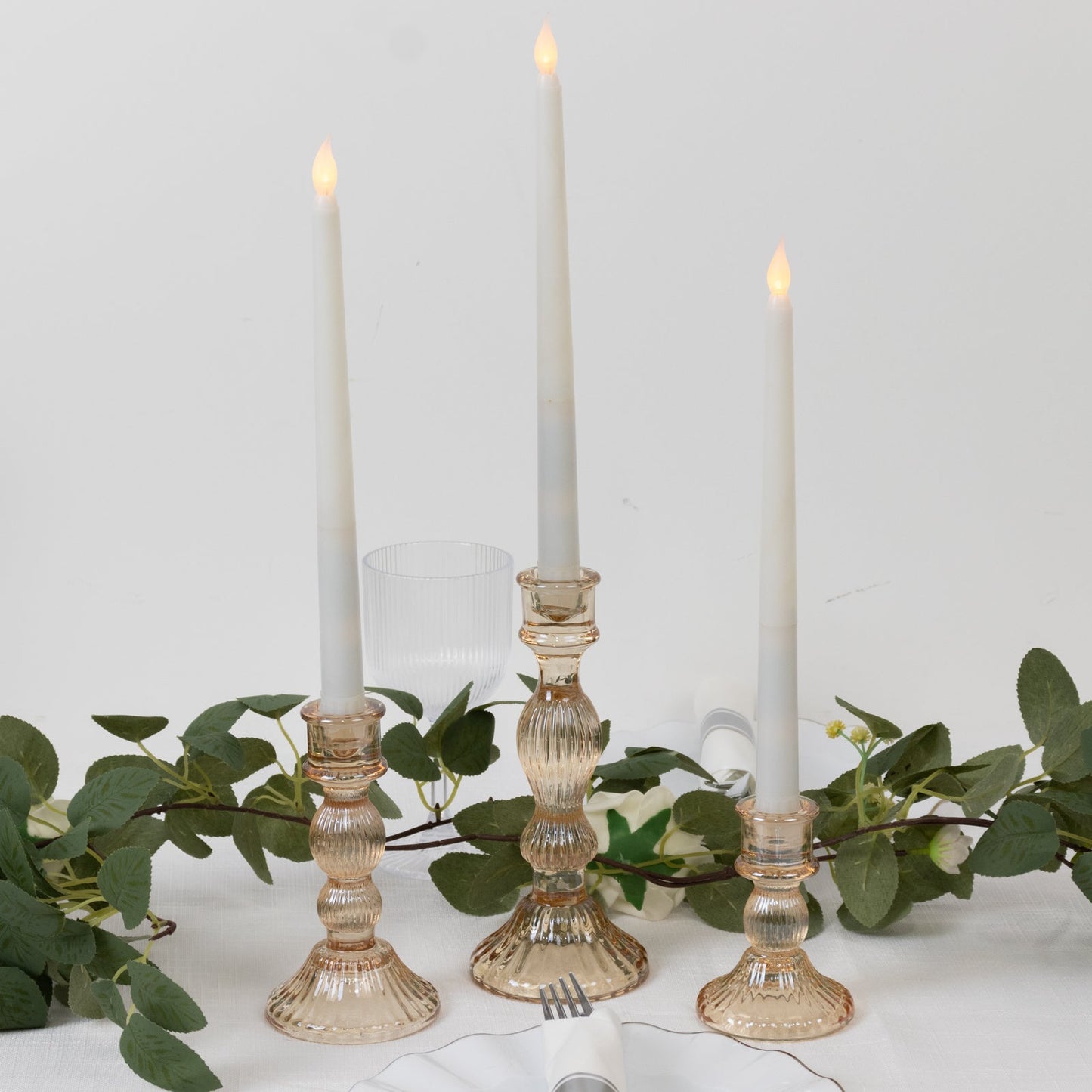 Set of 3 Amber Gold Ribbed Glass Taper Candlestick Holders, Fluted Crystal Candle Stands - 4", 6", 8"