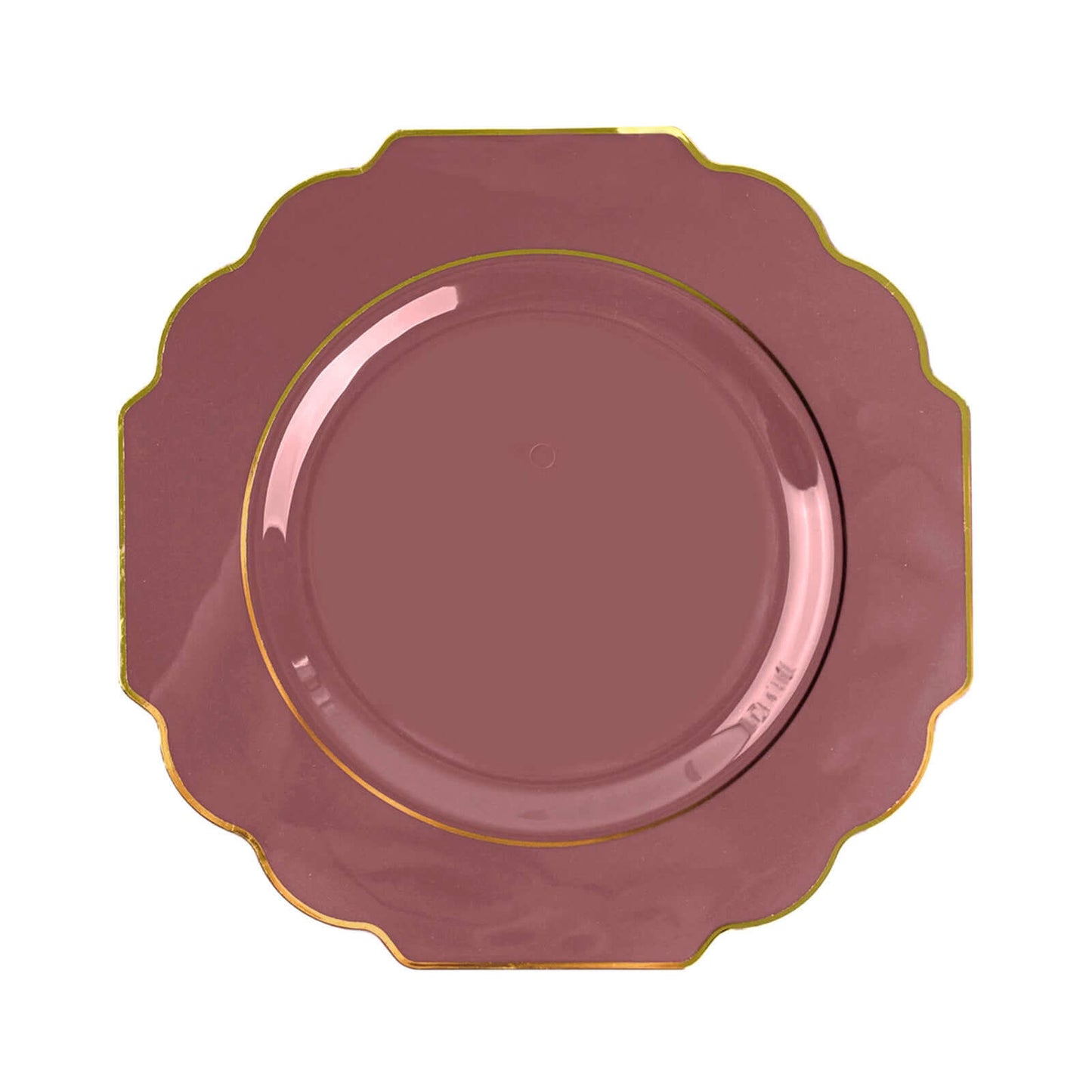 10-Pack Plastic Dinner Plates in Cinnamon Rose Baroque Design with Scalloped Gold Rim - Heavy Duty Disposable Party Plates 11"