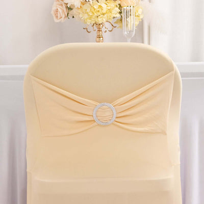 Stretch Spandex Chair Cover Beige for Folding Chairs - Secure Fit Slipcover with Silver Rhinestone Buckled Sash Band