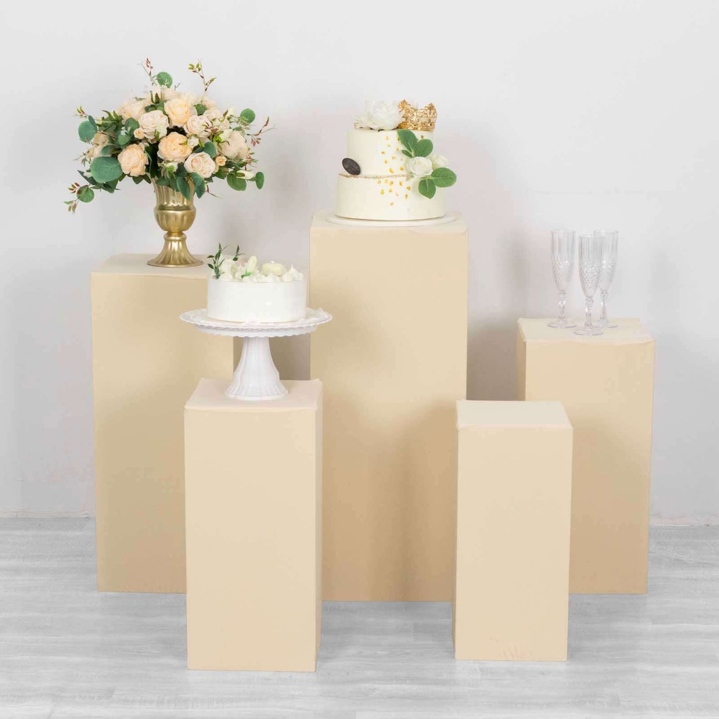Set of 5 Beige Spandex Rectangle Pedestal Stand Covers, Stretchable Pillar Prop Covers - 160 GSM