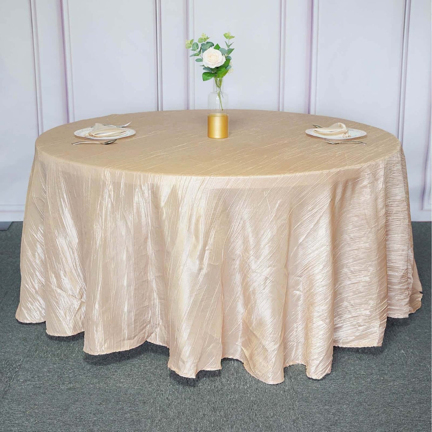 Taffeta 120" Round Tablecloth Beige - Seamless Accordion Crinkle Table Cover