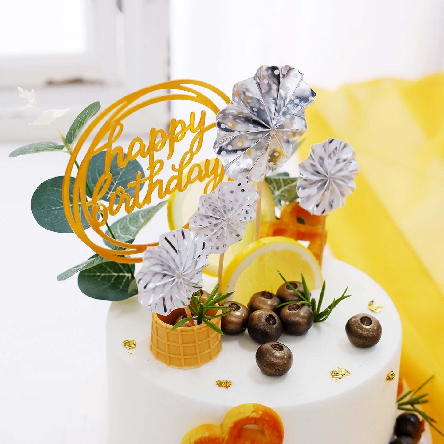 6 Pcs Happy Birthday Cake Topper Silver/Gold - Fun Cake Decoration with 4 Mini Paper Fans & Confetti Balloon for Themed Parties & Special Occasions