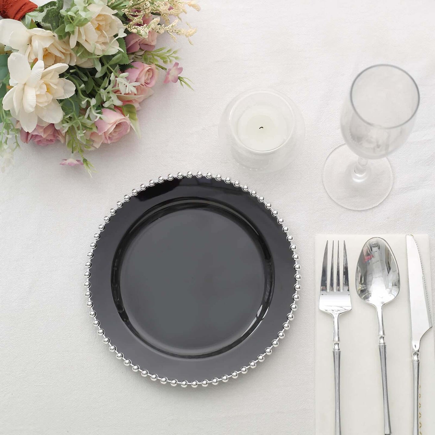 10-Pack Black Plastic Dessert Plates â€“ 8" Round with Silver Beaded Rim, Disposable for Parties & Events