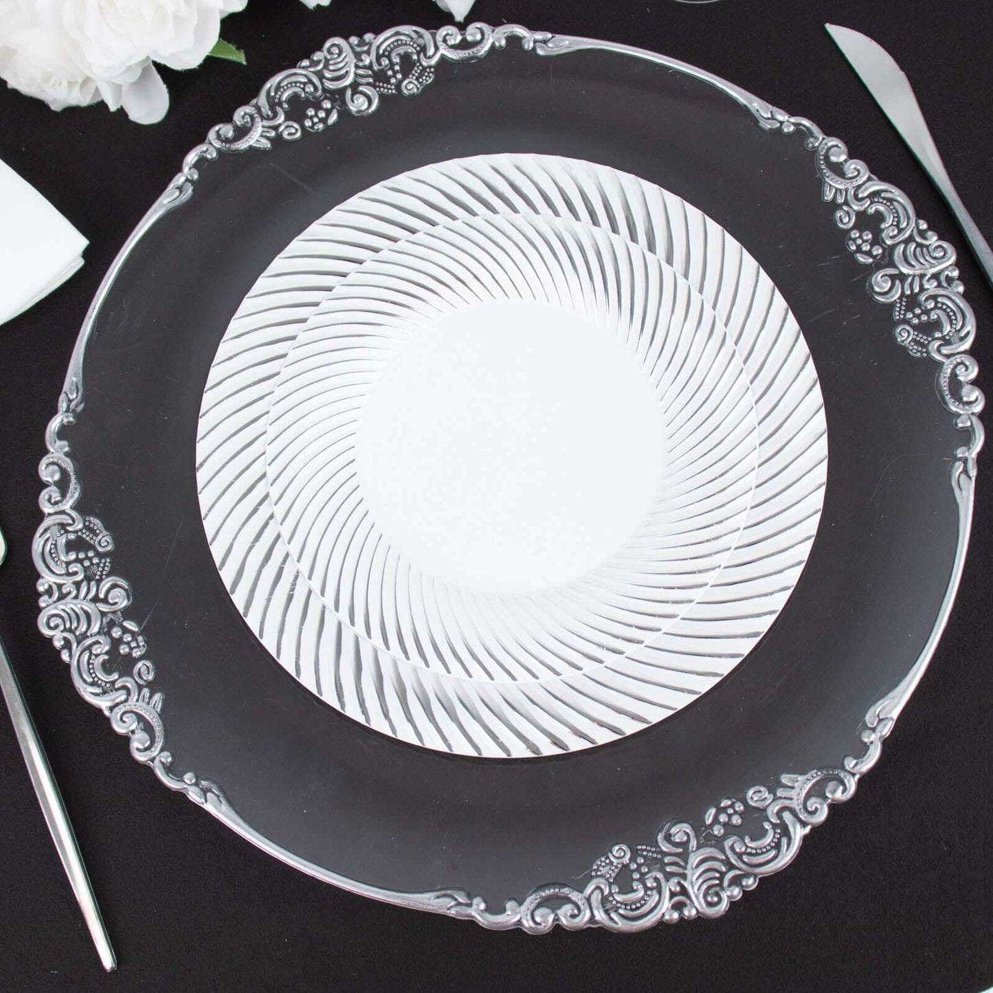 10-Pack Plastic 7" Round Dessert Plates in White with Silver Swirl Rim - Disposable Salad Plates