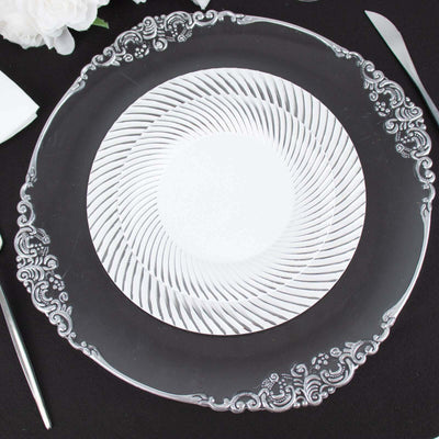 10-Pack Plastic 7" Round Dessert Plates in White with Silver Swirl Rim - Disposable Salad Plates