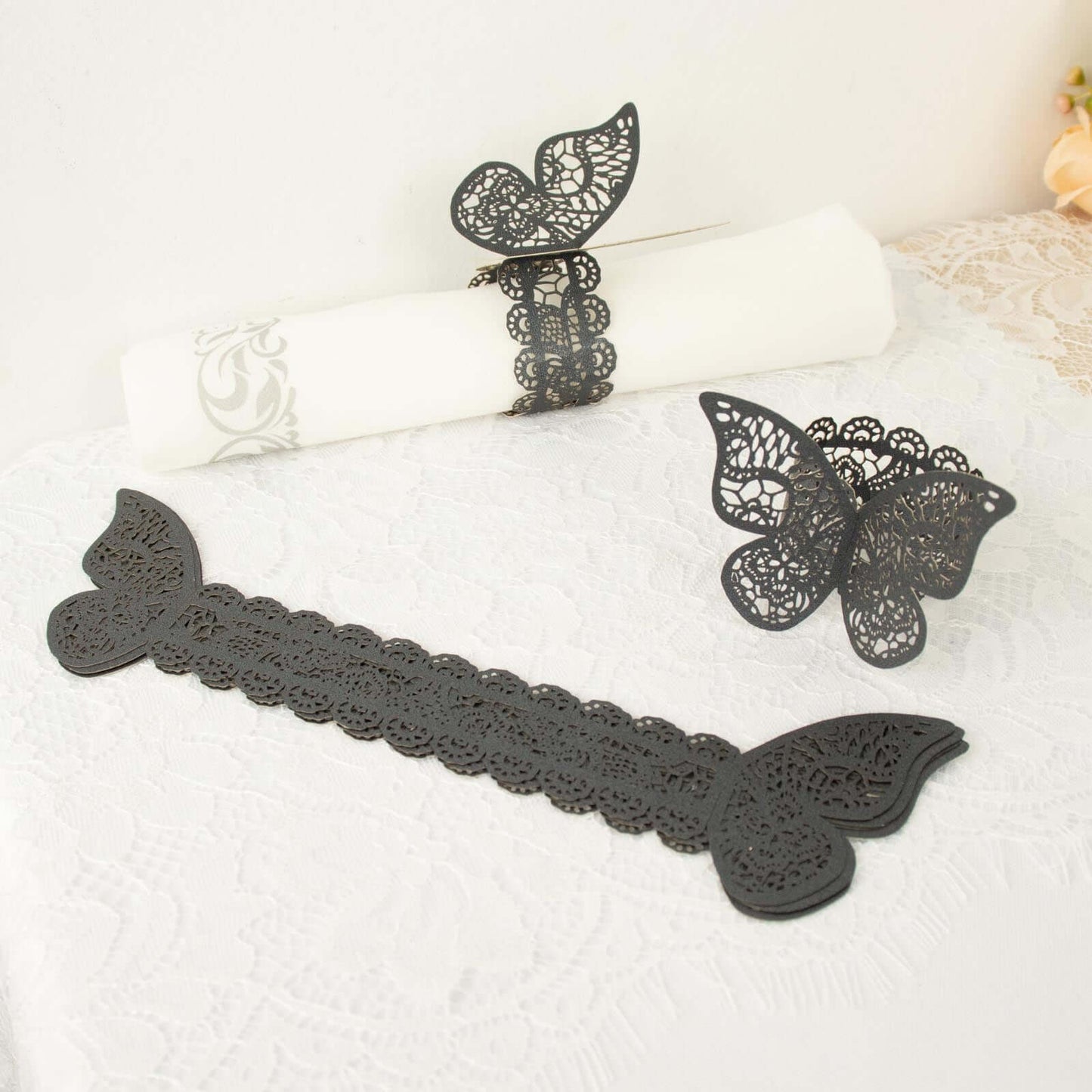 12-Pack Paper Napkin Rings Laser Cut Butterfly Black Shimmery - Decorative Serviette Holders for Events