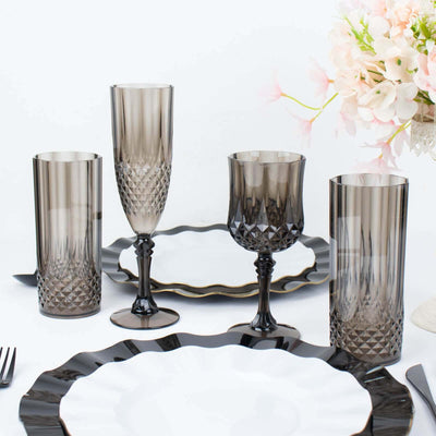 6-Pack Plastic Cocktail Goblets Black Transparent Crystal Cut - Shatterproof Drinkware 8oz