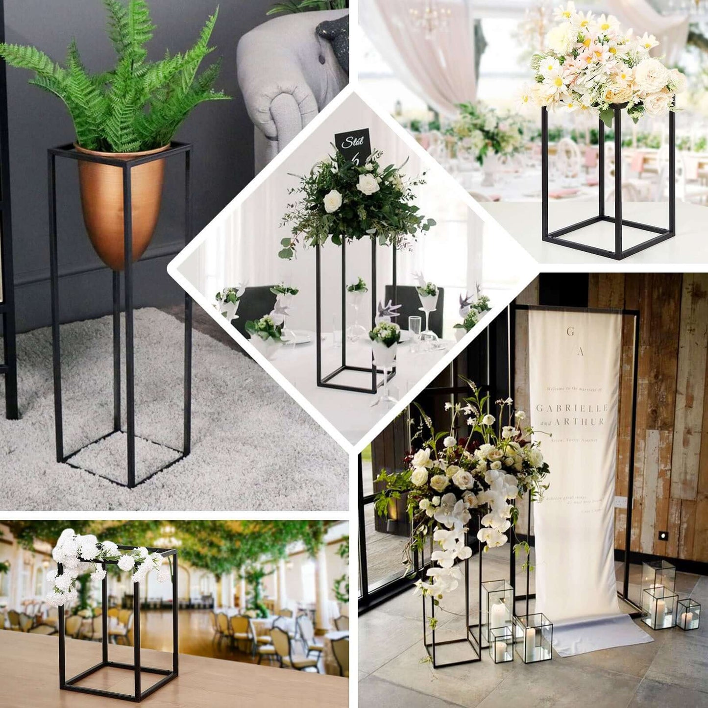 2-Pack Wedding Flower Stand Black Metal Geometric Column Frame Rectangular - Versatile Floral Pedestal for Sophisticated Arrangements 24"