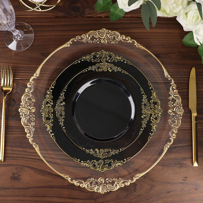 10-Pack Plastic 10" Round Dinner Plates in Black with Gold Leaf Embossed Rim - Disposable Vintage Baroque Style Plates for Luxurious Gatherings & Events