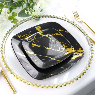 10-Pack Plastic 8" Square Dessert Plates in Black with Gold Marble Design - Disposable Appetizer Salad Party Plates
