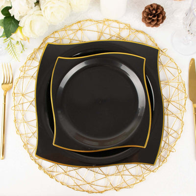10-Pack Plastic 10" Square Dinner Plates in Black with Gold Wavy Rim Modern - Disposable Party Plates