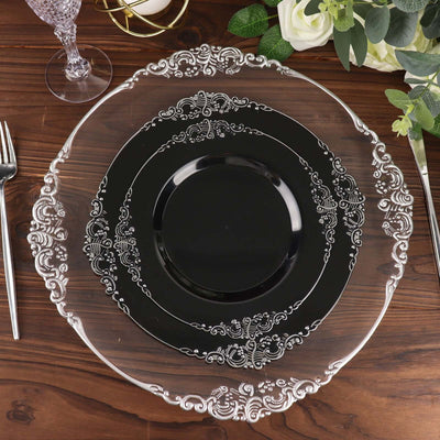10-Pack Plastic 10" Round Dinner Plates in Black with Silver Leaf Embossed Rim - Disposable Vintage Baroque Style Plates