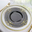 10-Pack Plastic 8" Round Dessert Plates in Black with Gold Leaf Embossed Rim - Disposable Vintage Baroque Style Salad Plates