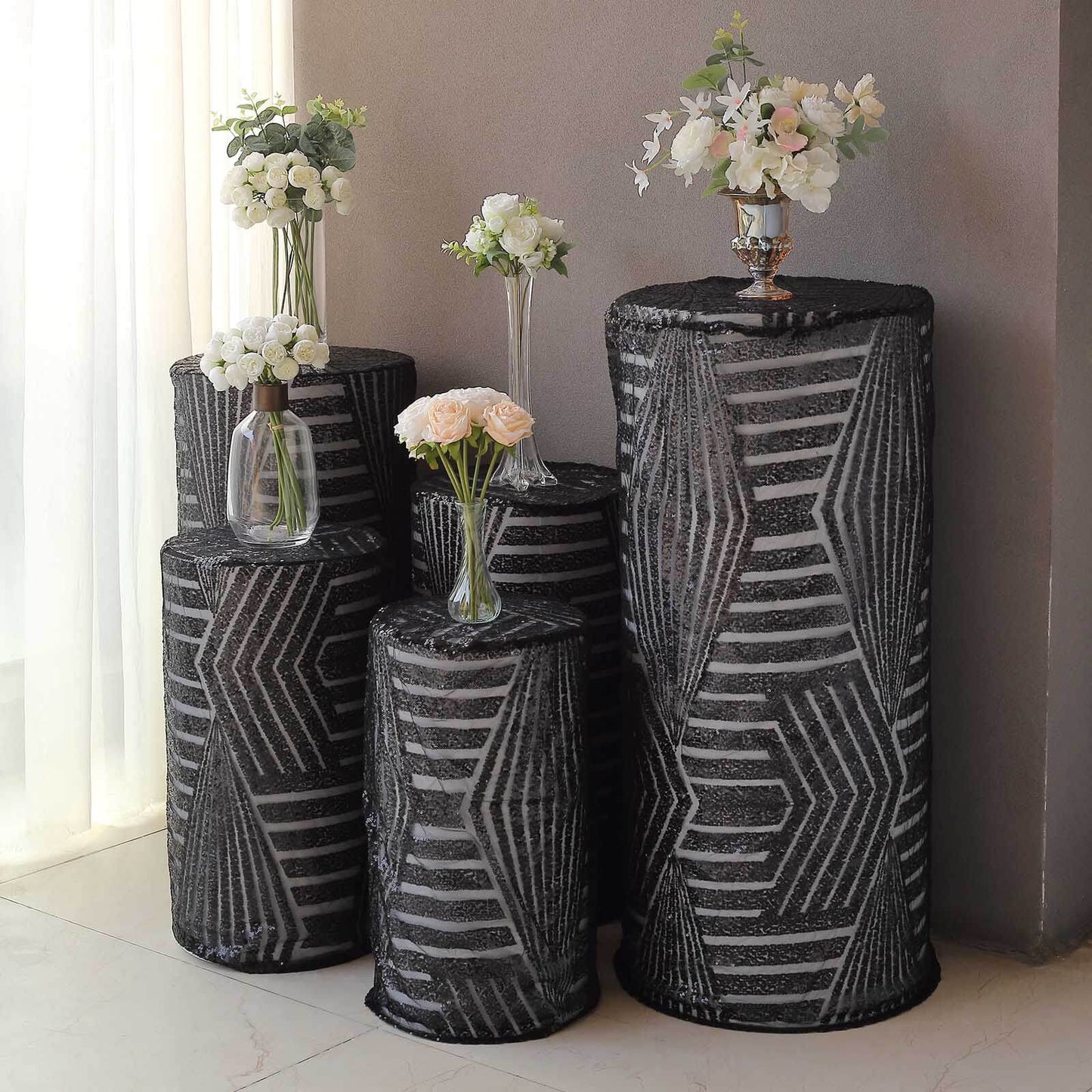 Set of 5 Black Sequin Mesh Cylinder Pedestal Stand Covers with Geometric Pattern Embroidery, Sparkly Sheer Tulle Pillar Prop Covers