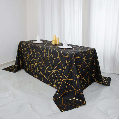 Polyester 90"x132" Rectangle Tablecloth Black Seamless with Gold Foil Geometric Pattern - Wrinkle-Resistant Seamless Table Cover