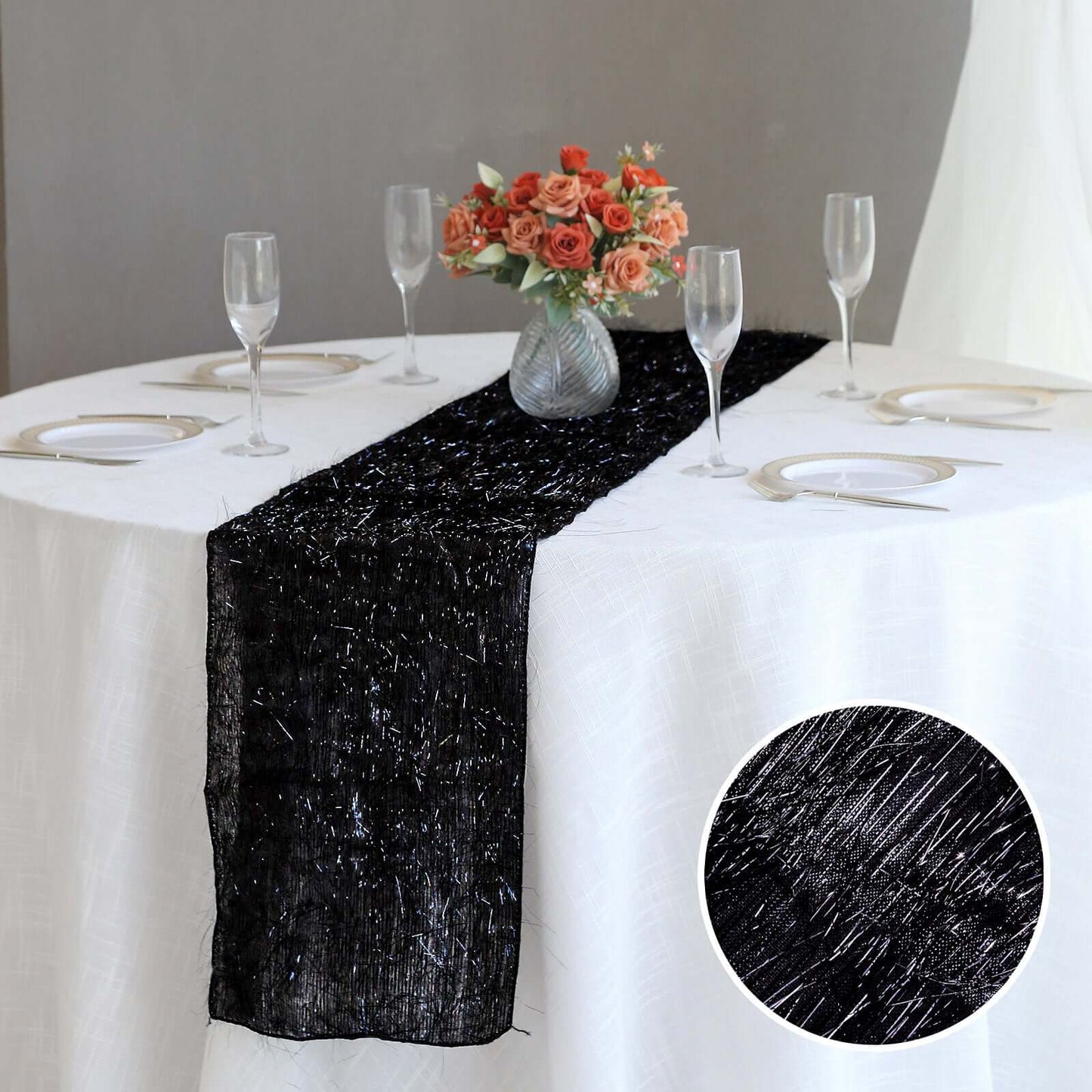 Metallic Tinsel Polyester 12"x108" Table Runner Black - Shimmery Fringe Shag Table Decor