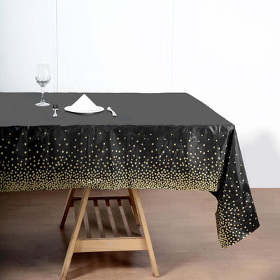 5-Pack Plastic Table Covers Black Rectangle with Gold Confetti Dots - Durable PVC Disposable Tablecloths for Events 54"x108"