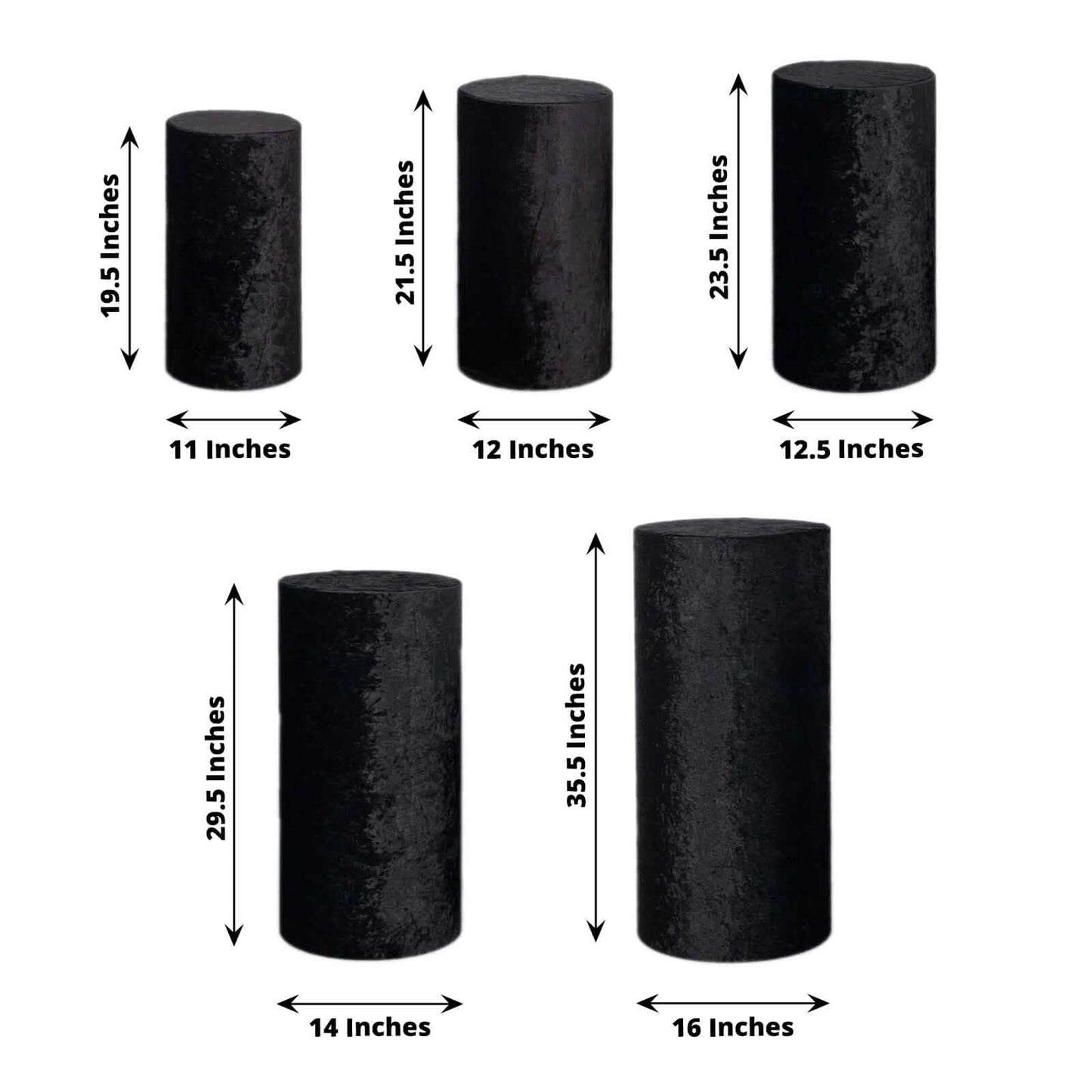 Set of 5 Black Crushed Velvet Cylinder Pedestal Stand Covers, Premium Pillar Prop Covers