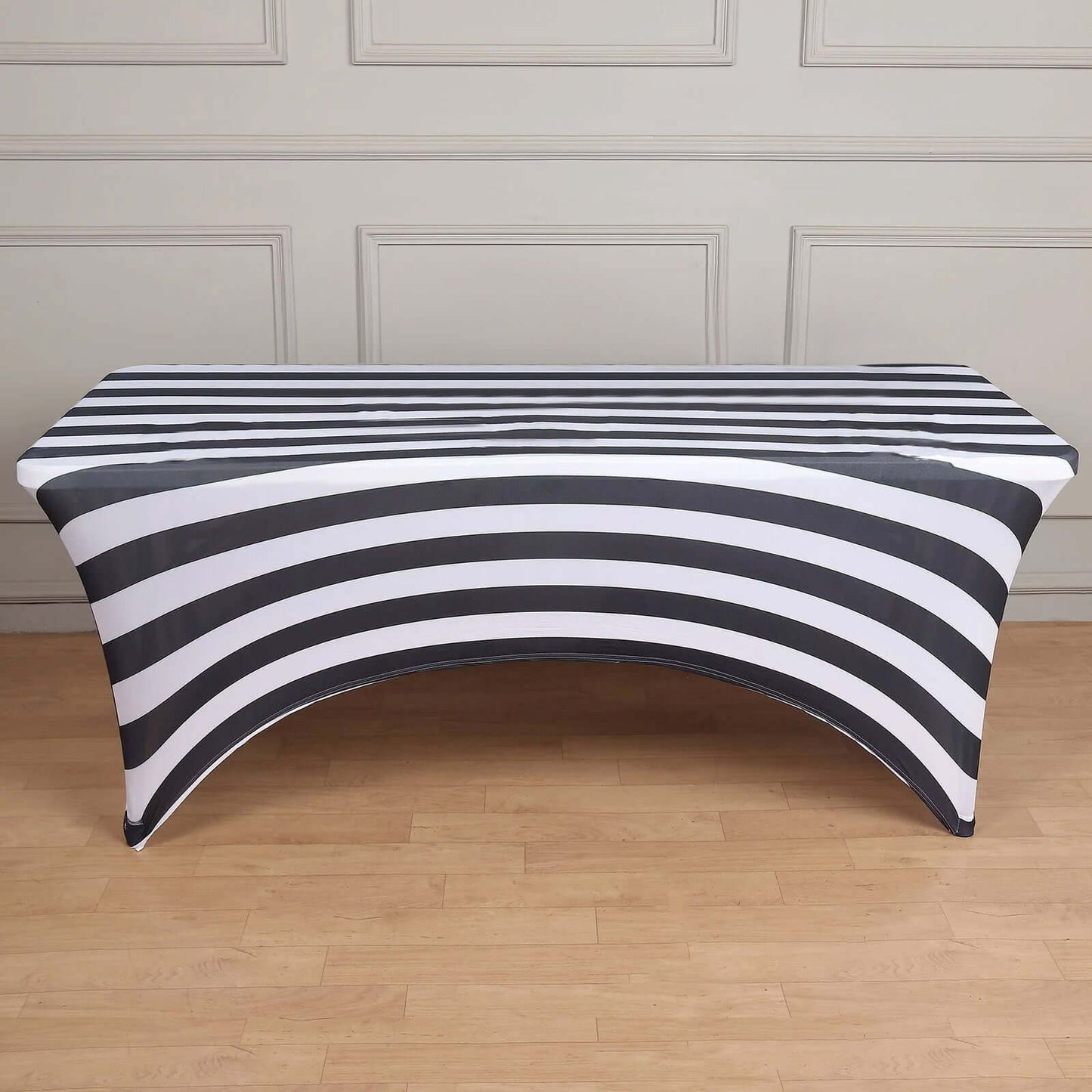 Stretch Spandex 72"x30" Rectangle Tablecloth Black/White Vertical Stripes - Durable Form-Fitting Table Cover for Events & Presentations