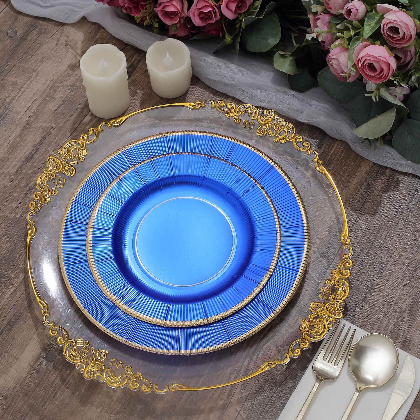 25-Pack Paper 8" Round Dessert Plates in Royal Blue Sunray Design with Gold Rim - Disposable Heavy Duty 350GSM Appetizer Salad Plates