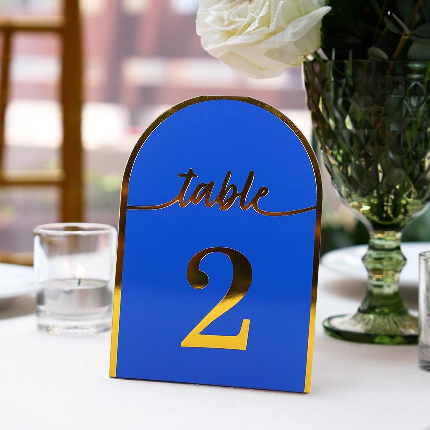 25-Pack 7" Disposable Table Numbers, Royal Blue Free Standing Double Sided Table Number Place Cards with Metallic Gold Foil Numbers 1-25